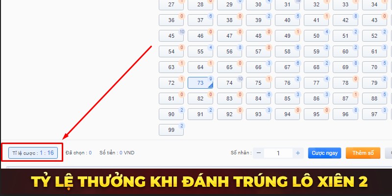 Tỷ lệ thưởng khi đánh trúng lô xiên 2